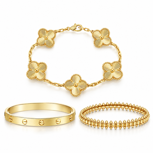 [Cadisa] CLASH & Clover Laser 5-Motif & LOVE Brushed Bracelet Stack Set