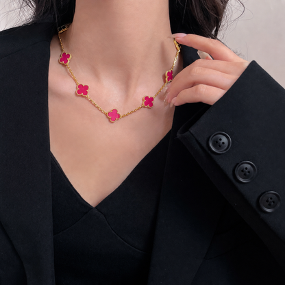 [Cadisa]NEW CLOVER 10 MOTIFS PINK ENAMEL NECKLACE