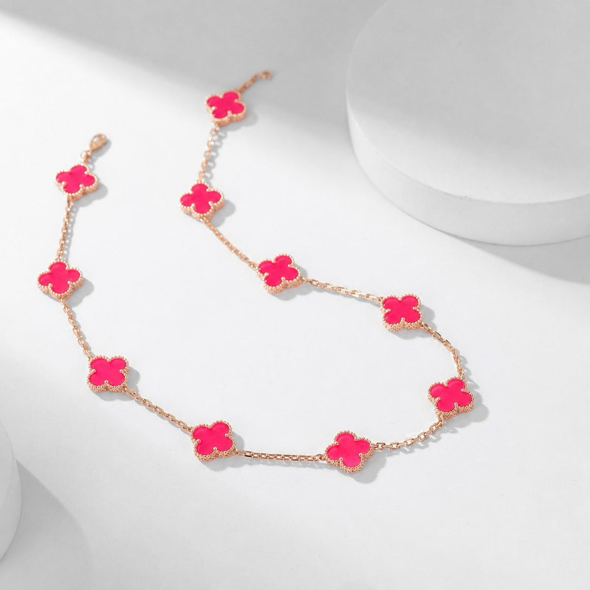 [Cadisa]NEW CLOVER 10 MOTIFS PINK ENAMEL NECKLACE