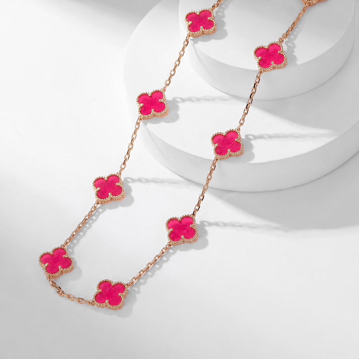 [Cadisa]NEW CLOVER 10 MOTIFS PINK ENAMEL NECKLACE