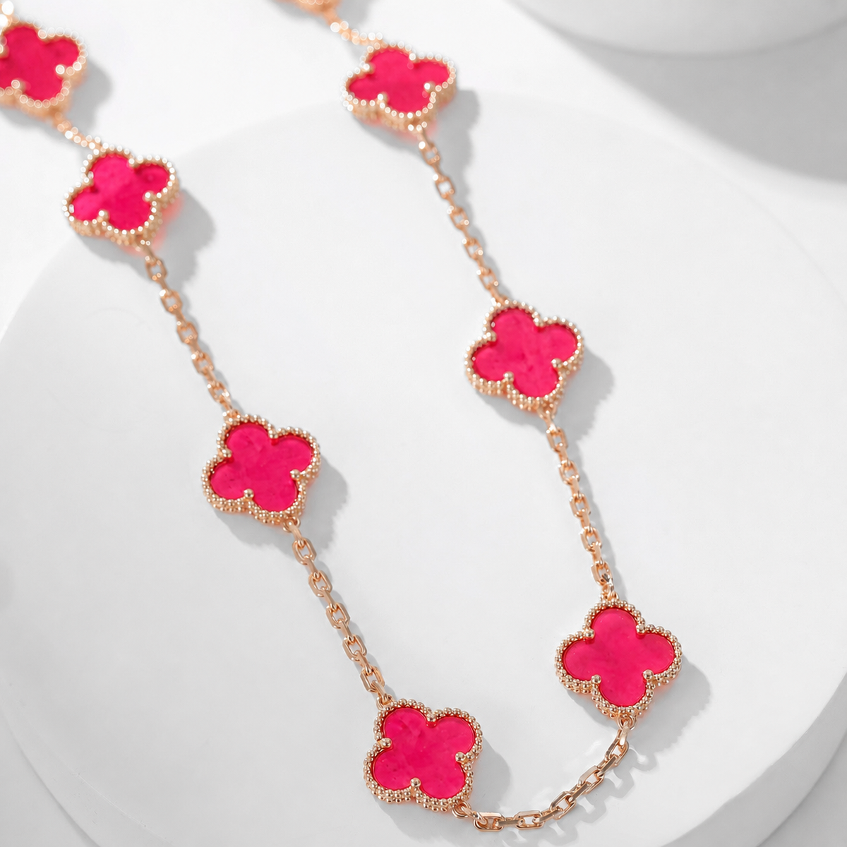 [Cadisa]NEW CLOVER 10 MOTIFS PINK ENAMEL NECKLACE