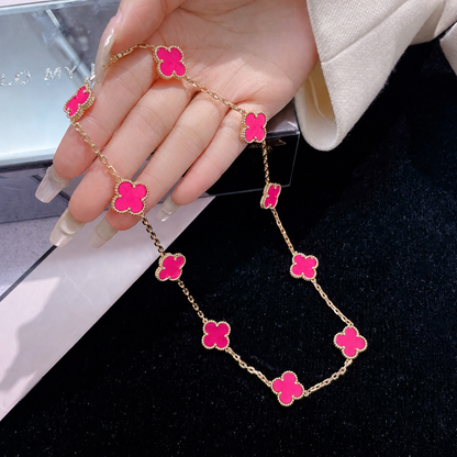 [Cadisa]NEW CLOVER 10 MOTIFS PINK ENAMEL NECKLACE