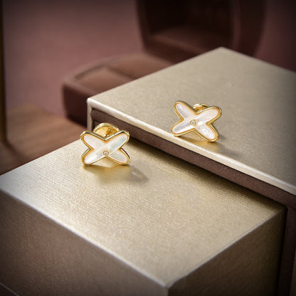[Gaonasi]JEUX DE WHITE MOP GOLD DIAMOND EARRINGS