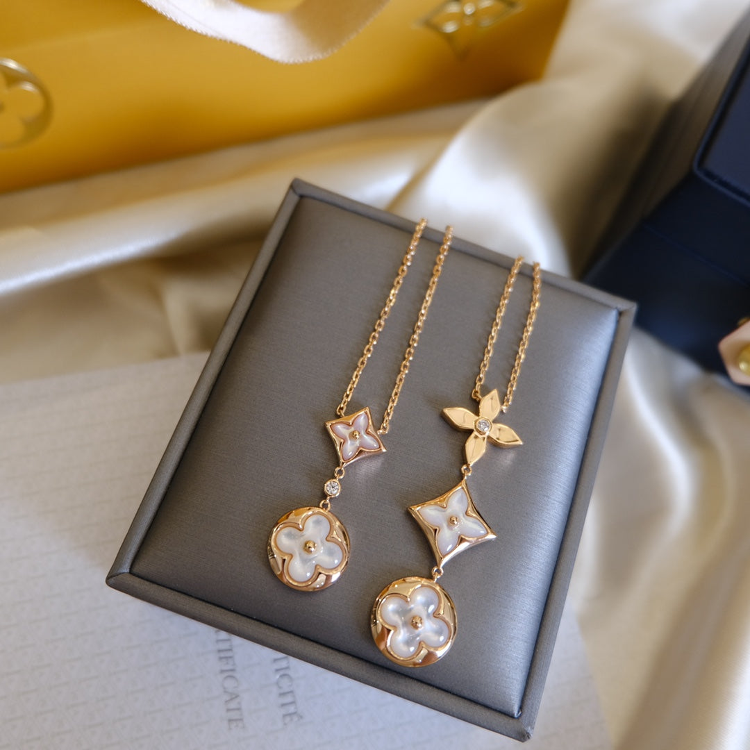 [Gaonasi]COLOR BLOSSOM LARIAT NECKLACE PINK GOLD WHITE MOTHER PEARL AND DIAMOND