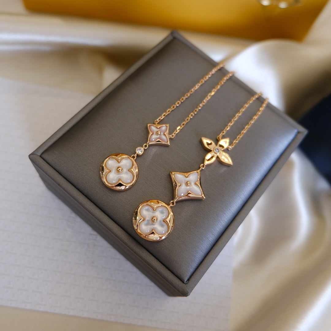 [Gaonasi]COLOR BLOSSOM LARIAT NECKLACE PINK GOLD WHITE MOTHER PEARL AND DIAMOND