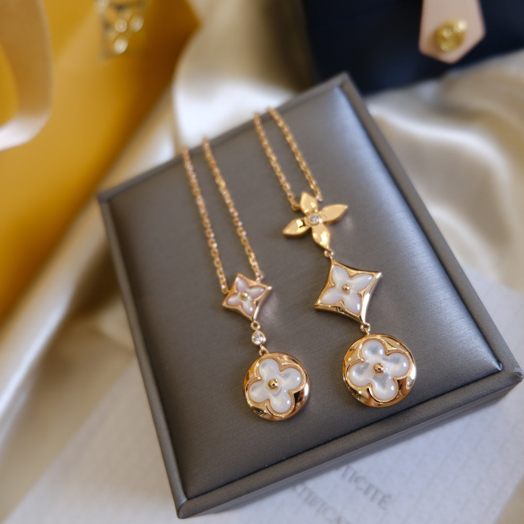 [Gaonasi]COLOR BLOSSOM LARIAT NECKLACE PINK GOLD WHITE MOTHER PEARL AND DIAMOND