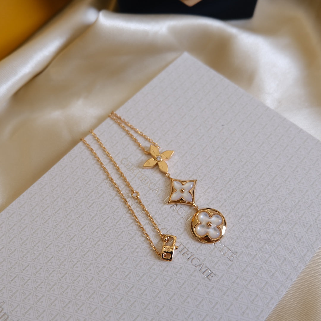 [Gaonasi]COLOR BLOSSOM LARIAT NECKLACE PINK GOLD WHITE MOTHER PEARL AND DIAMOND
