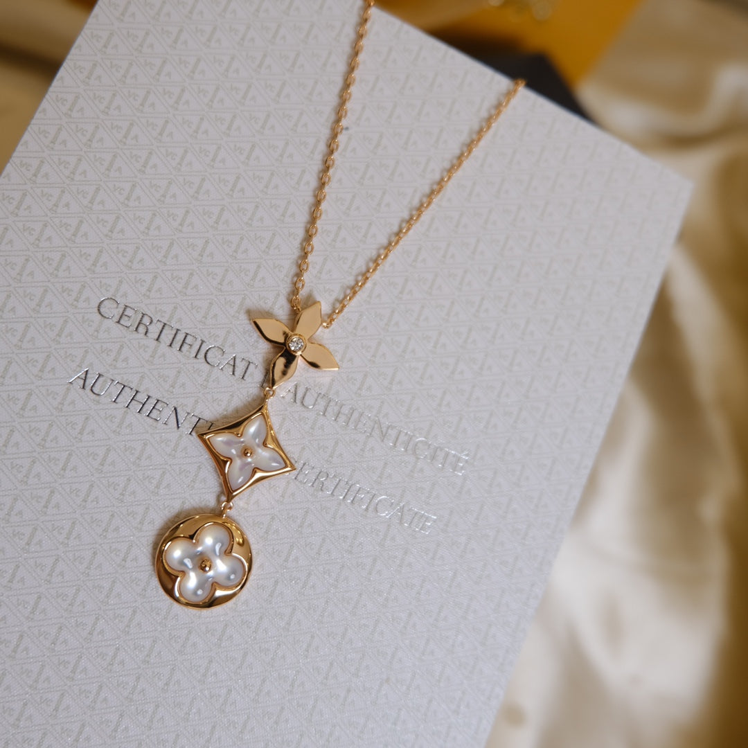 [Gaonasi]COLOR BLOSSOM LARIAT NECKLACE PINK GOLD WHITE MOTHER PEARL AND DIAMOND