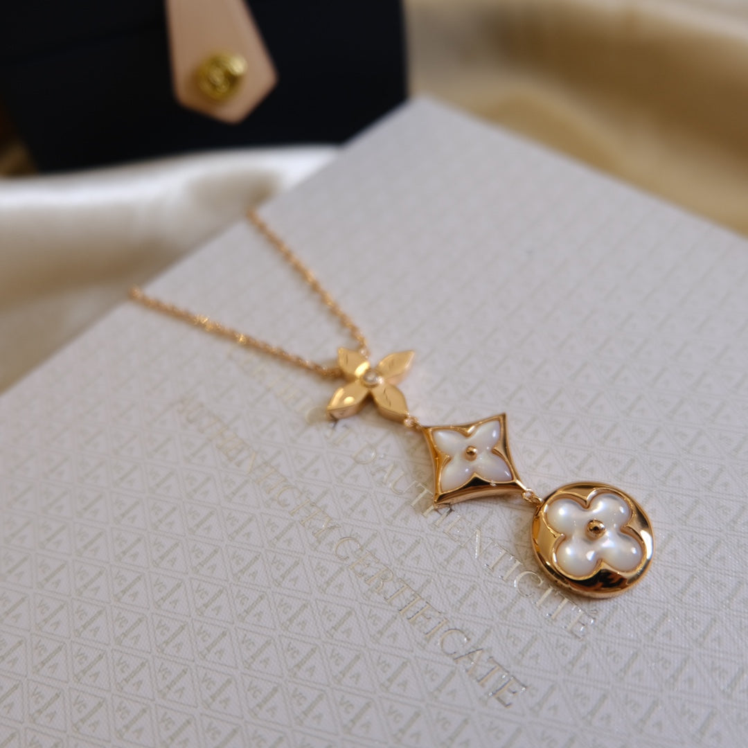 [Gaonasi]COLOR BLOSSOM LARIAT NECKLACE PINK GOLD WHITE MOTHER PEARL AND DIAMOND