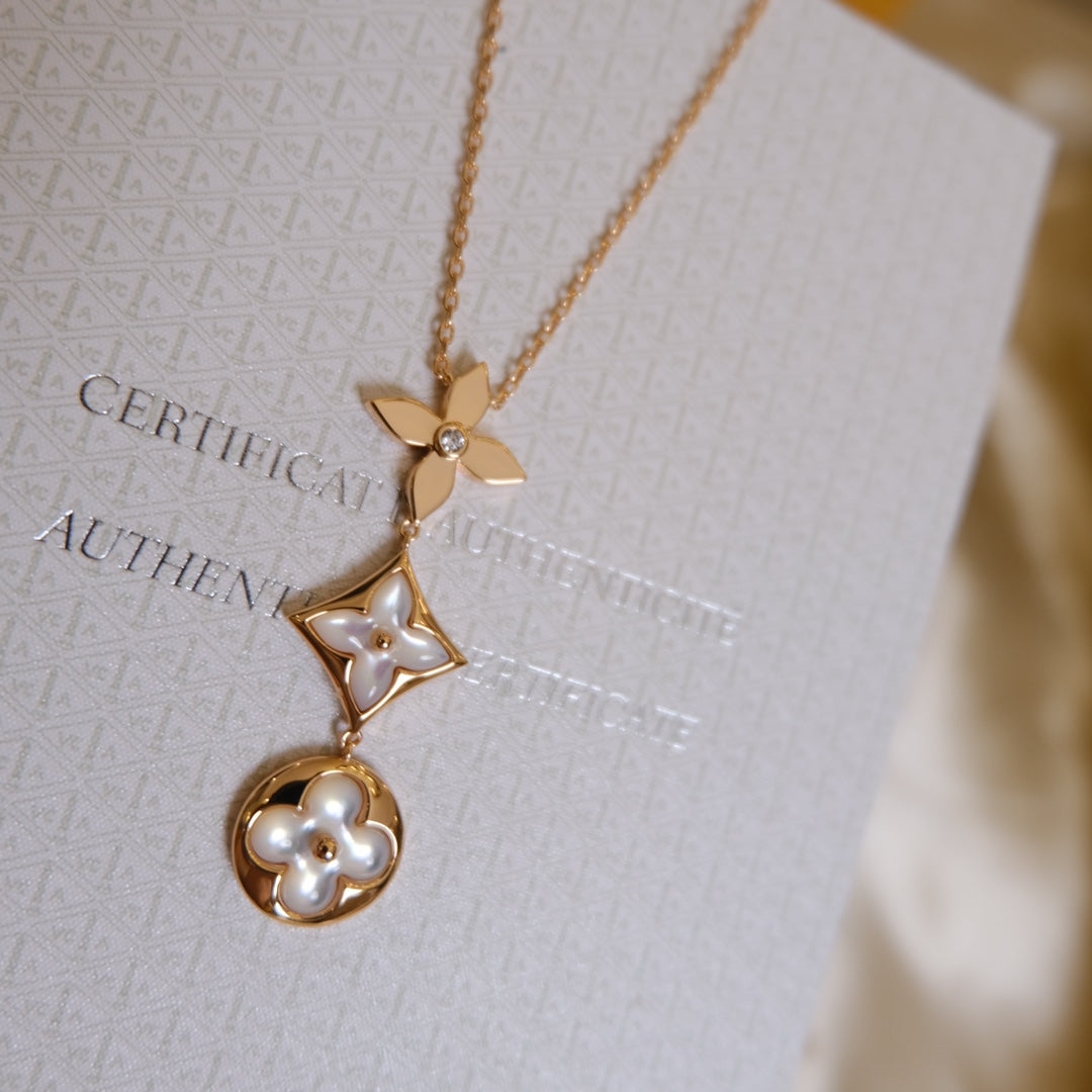 [Gaonasi]COLOR BLOSSOM LARIAT NECKLACE PINK GOLD WHITE MOTHER PEARL AND DIAMOND