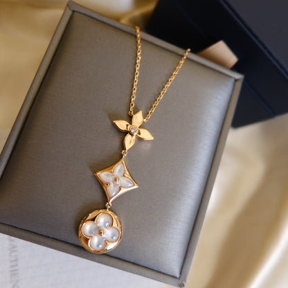 [Gaonasi]COLOR BLOSSOM LARIAT NECKLACE PINK GOLD WHITE MOTHER PEARL AND DIAMOND