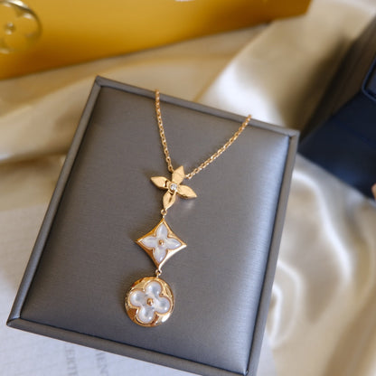 [Gaonasi]COLOR BLOSSOM LARIAT NECKLACE PINK GOLD WHITE MOTHER PEARL AND DIAMOND
