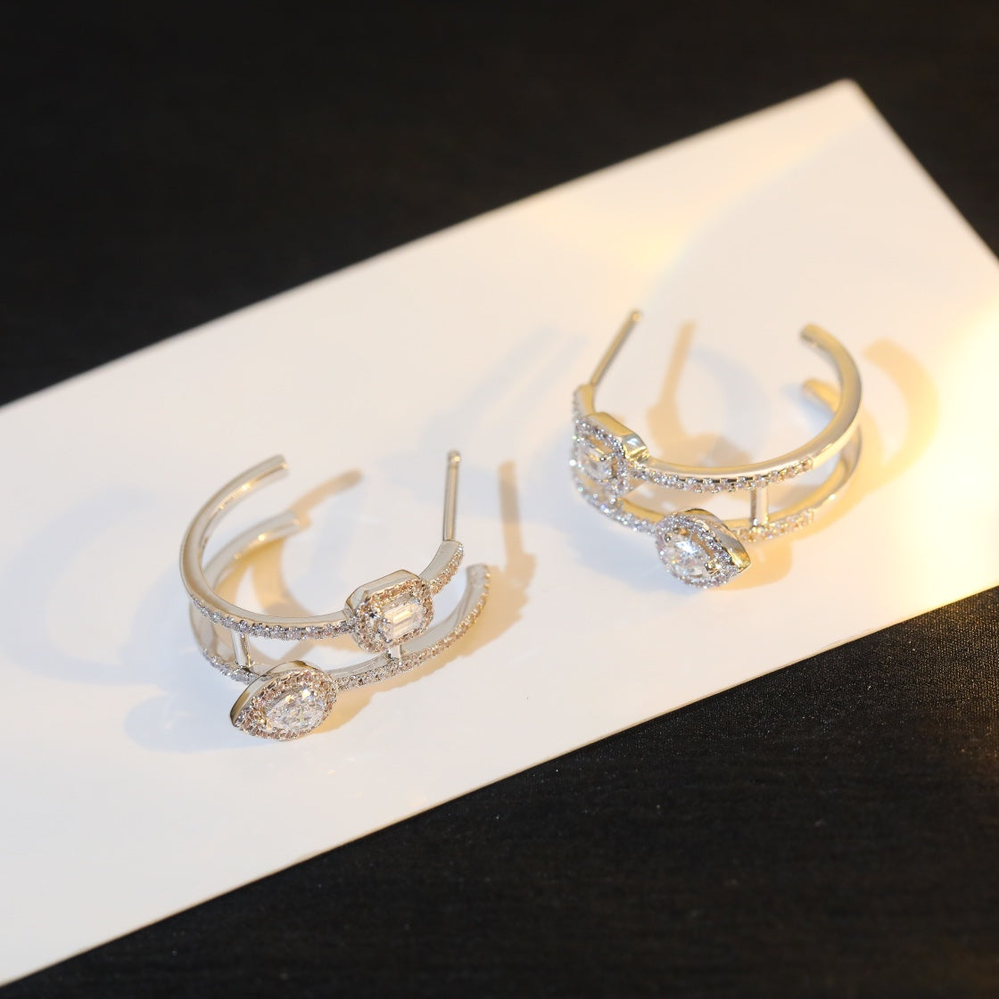 [Cadisa]CREOLES MY TWIN 2 RANGS SILVER DIAMOND EARRINGS