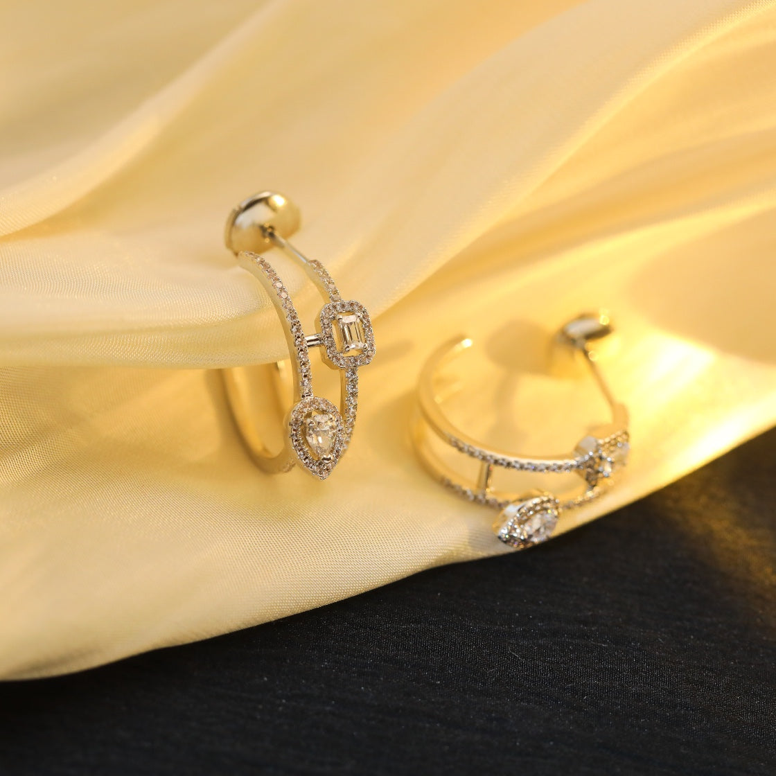 [Cadisa]CREOLES MY TWIN 2 RANGS SILVER DIAMOND EARRINGS