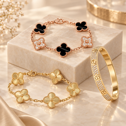 [Cadisa]Clover Laser  Pulsar Stone 5-Motif & LOVE Diamond-Paved Bracelet Stack Set