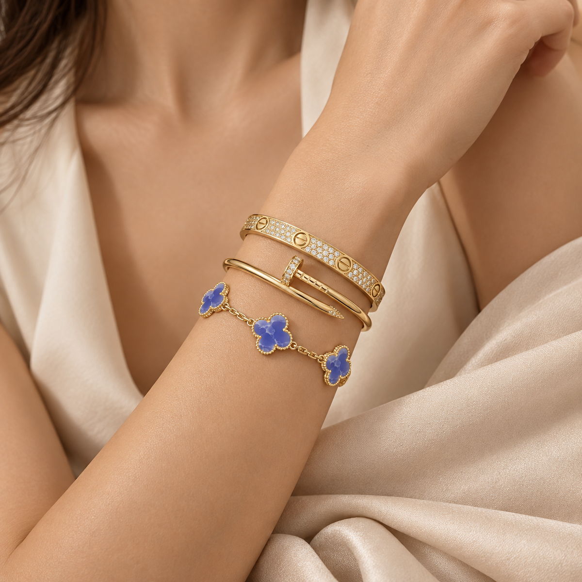 [Cadisa] LOVE & JUSTE & Blue Veins Clover 5-Motif Diamond Bracelet Stack Set