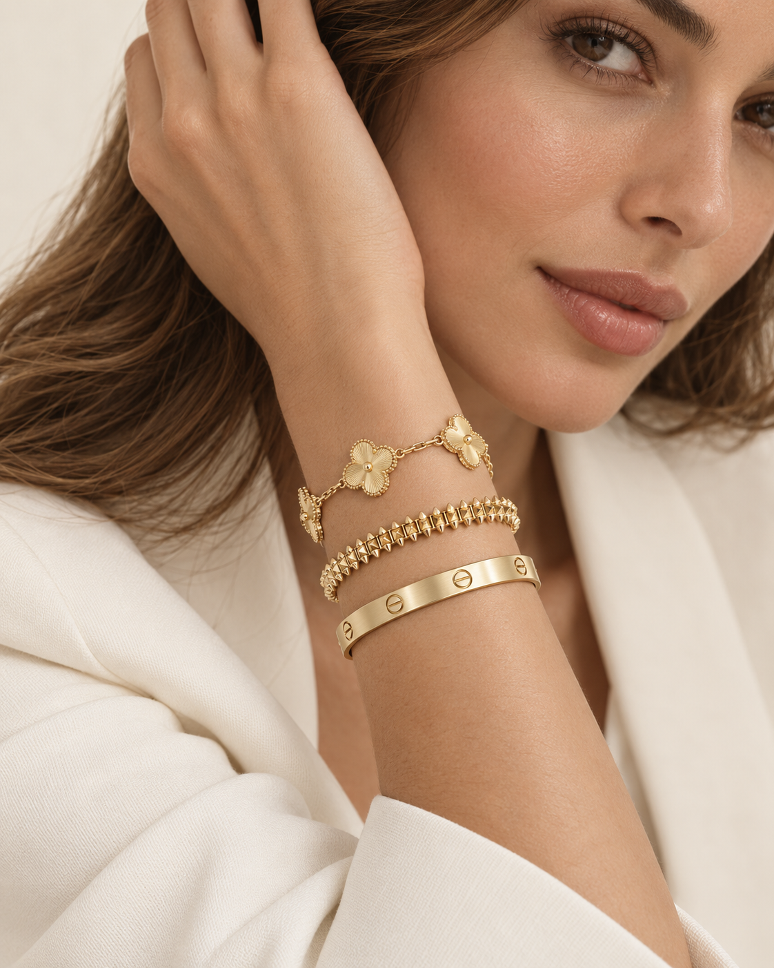 [Cadisa] CLASH & Clover Laser 5-Motif & LOVE Brushed Bracelet Stack Set