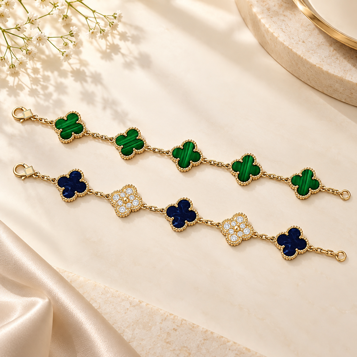 [Cadisa]Clover 5-Motif Malachite & Pietersite Bracelet Stack Set