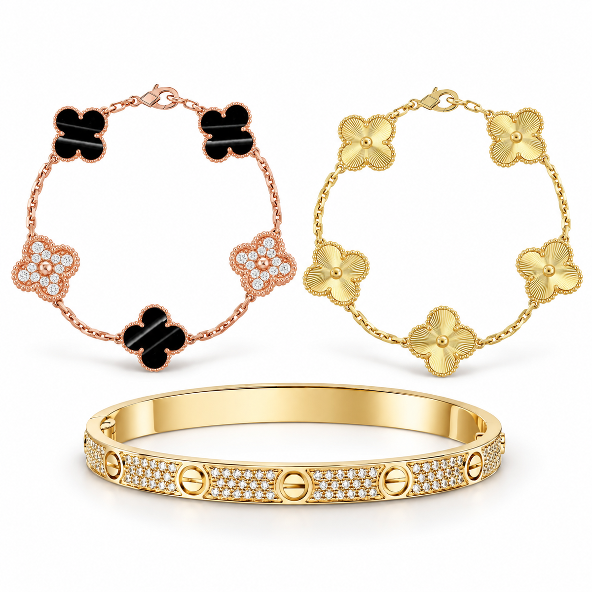 [Cadisa]Clover Laser  Pulsar Stone 5-Motif & LOVE Diamond-Paved Bracelet Stack Set