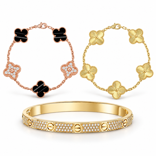 [Cadisa]Clover Laser  Pulsar Stone 5-Motif & LOVE Diamond-Paved Bracelet Stack Set