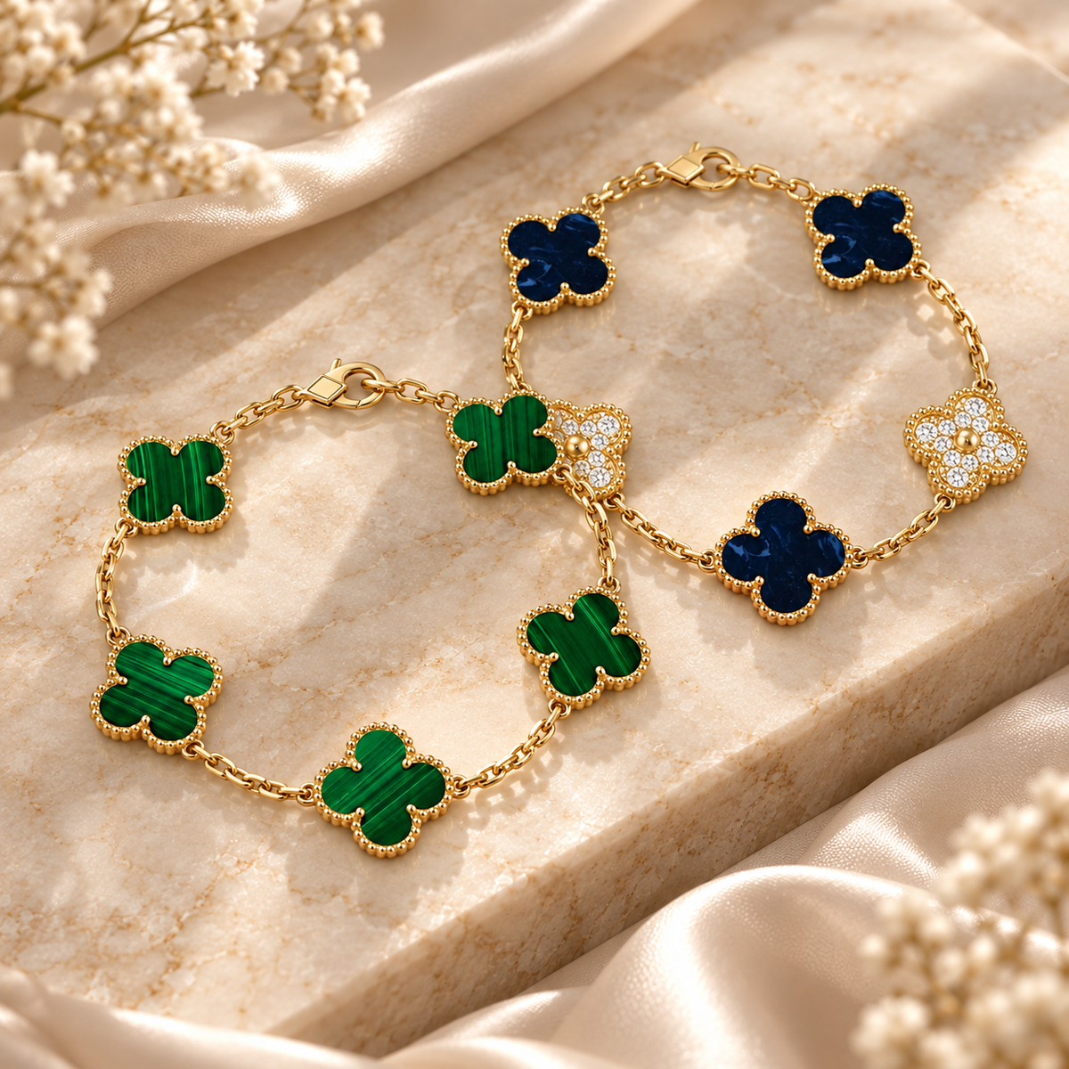 [Cadisa]Clover 5-Motif Malachite & Pietersite Bracelet Stack Set