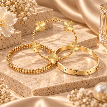 [Cadisa] CLASH & Clover Laser 5-Motif & LOVE Brushed Bracelet Stack Set
