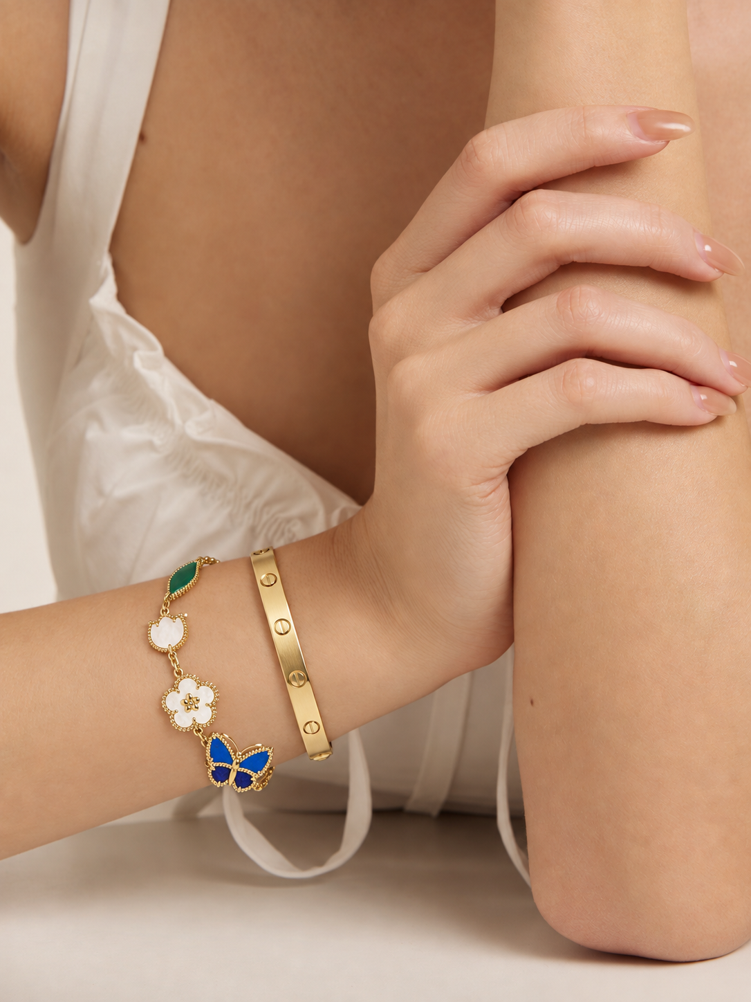 [Cadisa] LOVE Brushed & Lucky Spring Butterfly 5-Motif Bracelet Stack Set