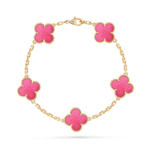 [Cadisa]NEW CLOVER 5 MOTIFS PINK ENAMEL BRACELET