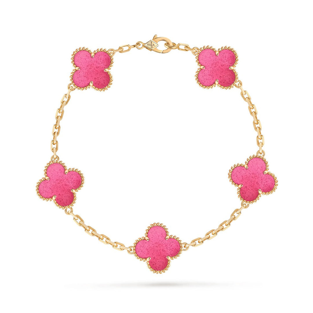 [Cadisa]NEW CLOVER 5 MOTIFS PINK ENAMEL BRACELET