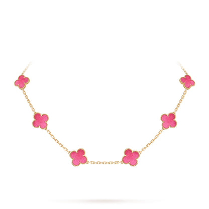 [Cadisa]NEW CLOVER 10 MOTIFS PINK ENAMEL NECKLACE