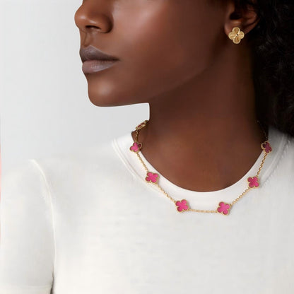 [Cadisa]NEW CLOVER 10 MOTIFS PINK ENAMEL NECKLACE