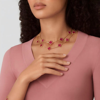 [Cadisa] NEW CLOVER 20 MOTIFS PINK ENAMEL NECKLACE