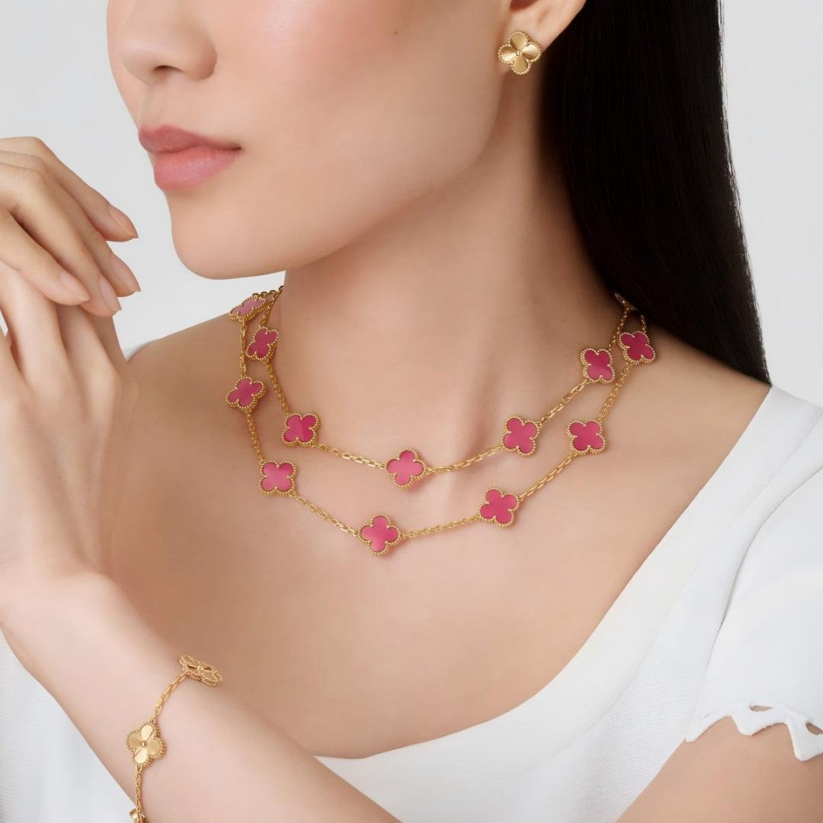 [Cadisa]Clover Pink Enamel Necklace & Earring Jewelry Set