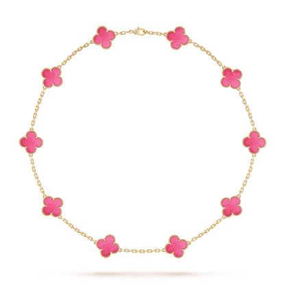[Cadisa]NEW CLOVER 10 MOTIFS PINK ENAMEL NECKLACE
