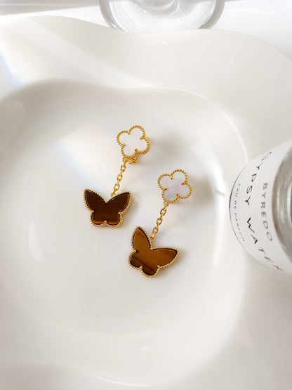[Cadisa]BUTTERFLY 2 MOTIF TIGER EYE MOP EARRINGS