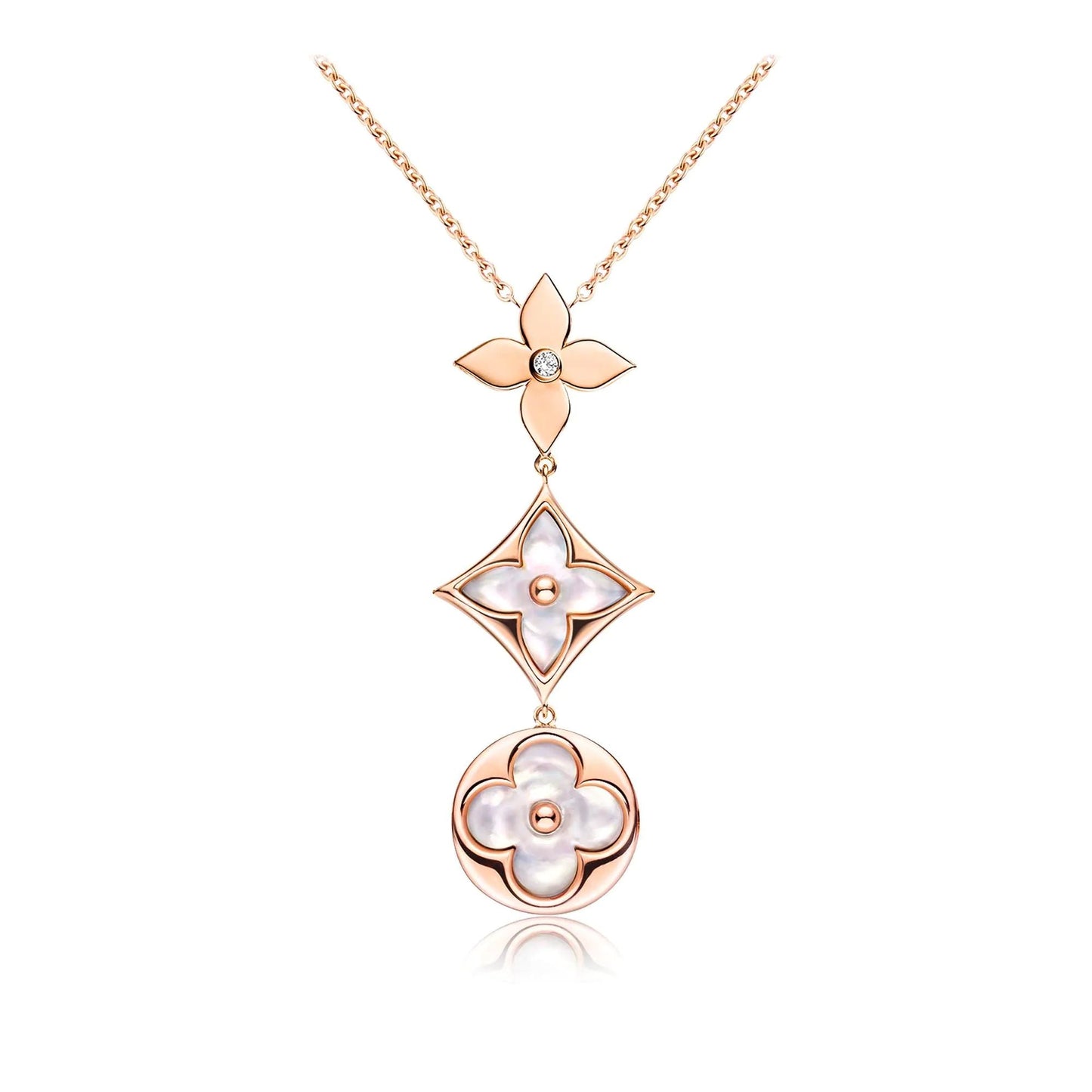 [Gaonasi]COLOR BLOSSOM LARIAT NECKLACE PINK GOLD WHITE MOTHER PEARL AND DIAMOND
