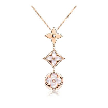 [Gaonasi]COLOR BLOSSOM LARIAT NECKLACE PINK GOLD WHITE MOTHER PEARL AND DIAMOND