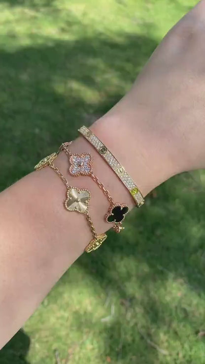 [Cadisa]Clover Laser  Pulsar Stone 5-Motif & LOVE Diamond-Paved Bracelet Stack Set