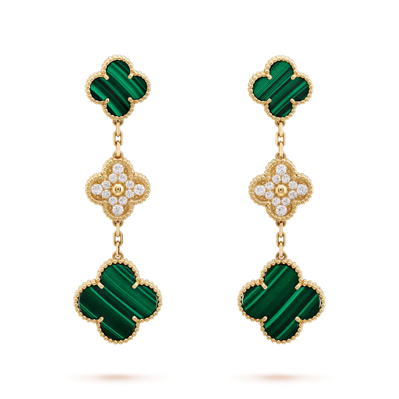 [Gaonasi]CLOVER EARRINGS GOLD MALACHITE DIAMOND 3 MOTIF