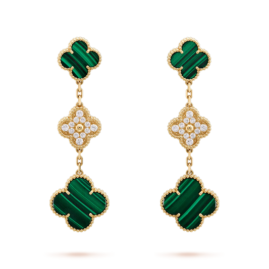 [Gaonasi]CLOVER EARRINGS GOLD MALACHITE DIAMOND 3 MOTIF