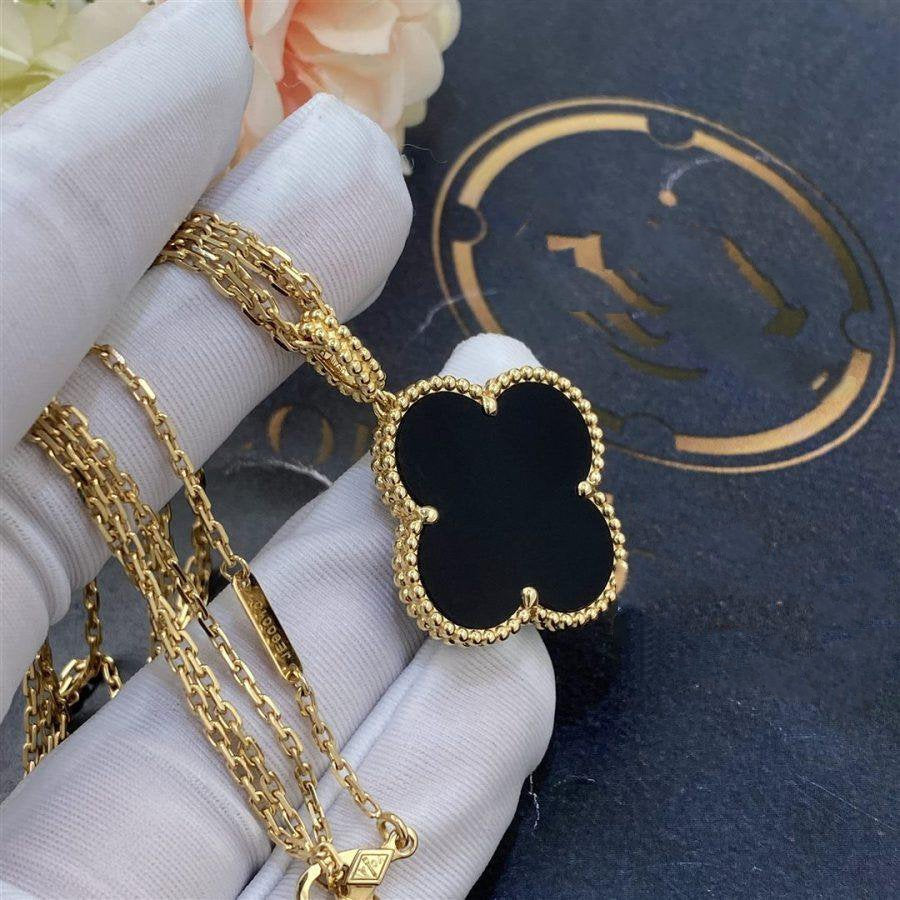 [Gaonasi]CLOVER 25MM GOLD ONYX BIG CLOVER NECKLACE