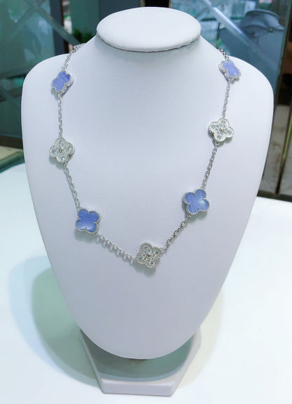 [Gaonasi]CLOVER 10 MOTIFS CHALCEDONY DIAMONDS SILVER NECKLACE