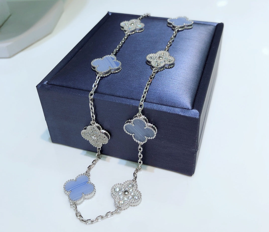 [Gaonasi]CLOVER 10 MOTIFS CHALCEDONY DIAMONDS SILVER NECKLACE
