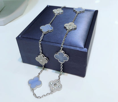 [Gaonasi]CLOVER 10 MOTIFS CHALCEDONY DIAMONDS SILVER NECKLACE