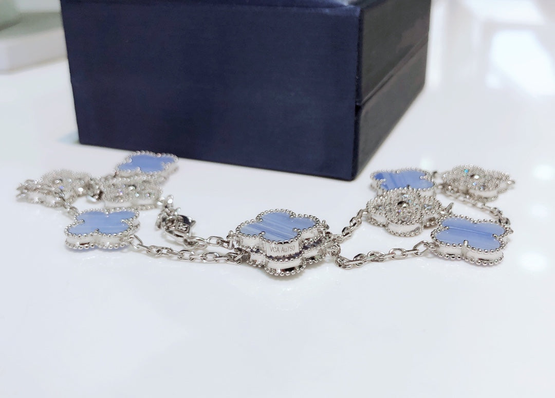 [Gaonasi]CLOVER 10 MOTIFS CHALCEDONY DIAMONDS SILVER NECKLACE