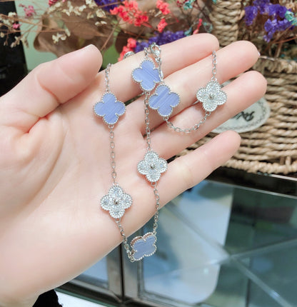 [Gaonasi]CLOVER 10 MOTIFS CHALCEDONY DIAMONDS SILVER NECKLACE