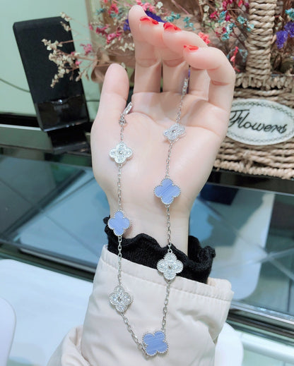 [Gaonasi]CLOVER 10 MOTIFS CHALCEDONY DIAMONDS SILVER NECKLACE