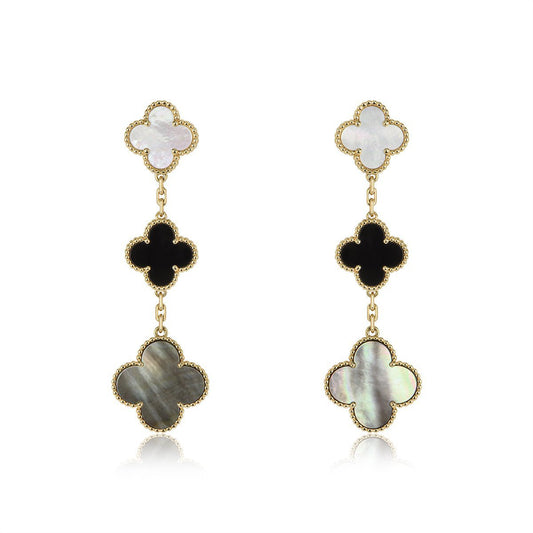 [Gaonasi]CLOVER EARRINGS GOLD ONYX MOP 3 MOTIF